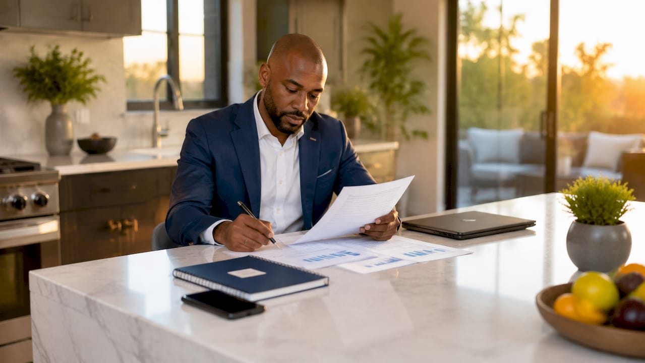 Mortgage banker reviewing client financial documents