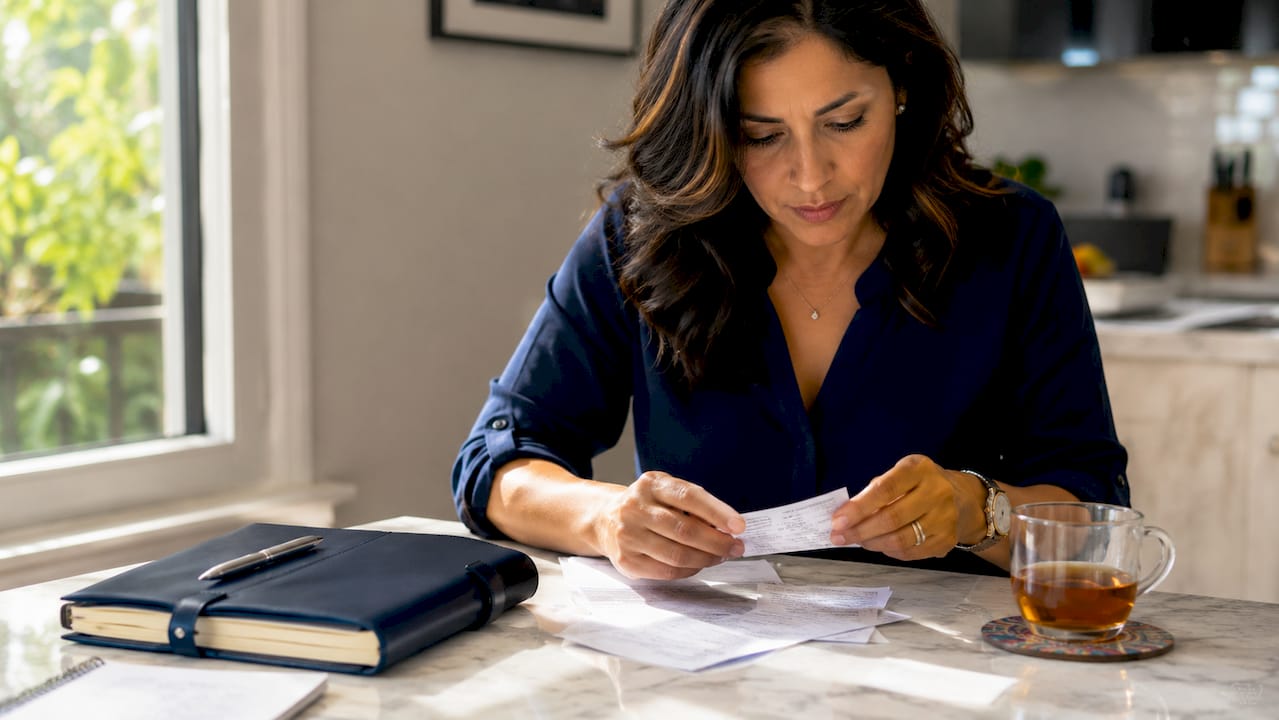 Hands organizing receipts and invoices on table