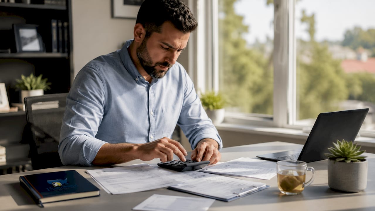 Hands calculating freelancer income from bank statements