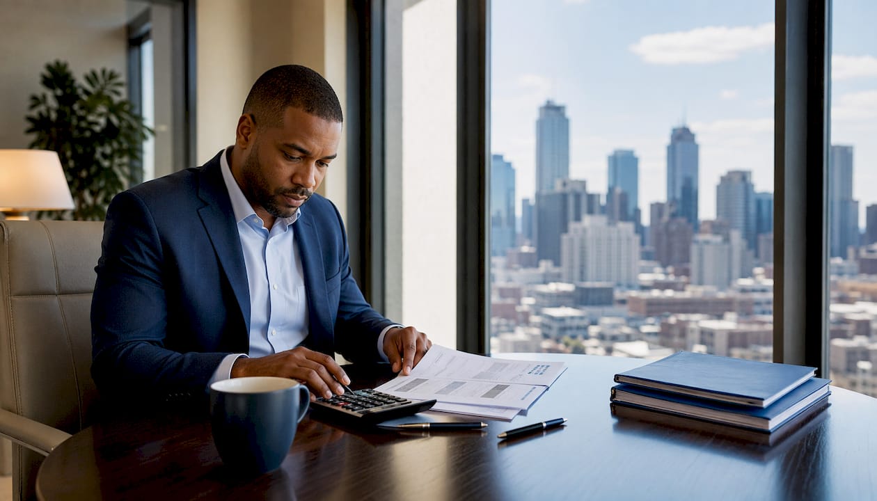 Mortgage banker calculating housing debts at city office