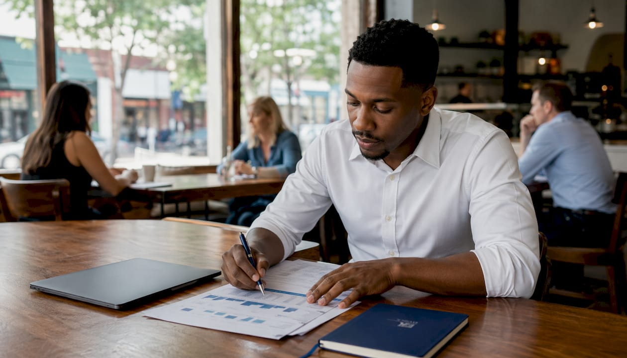 Man evaluating income charts at desk in office