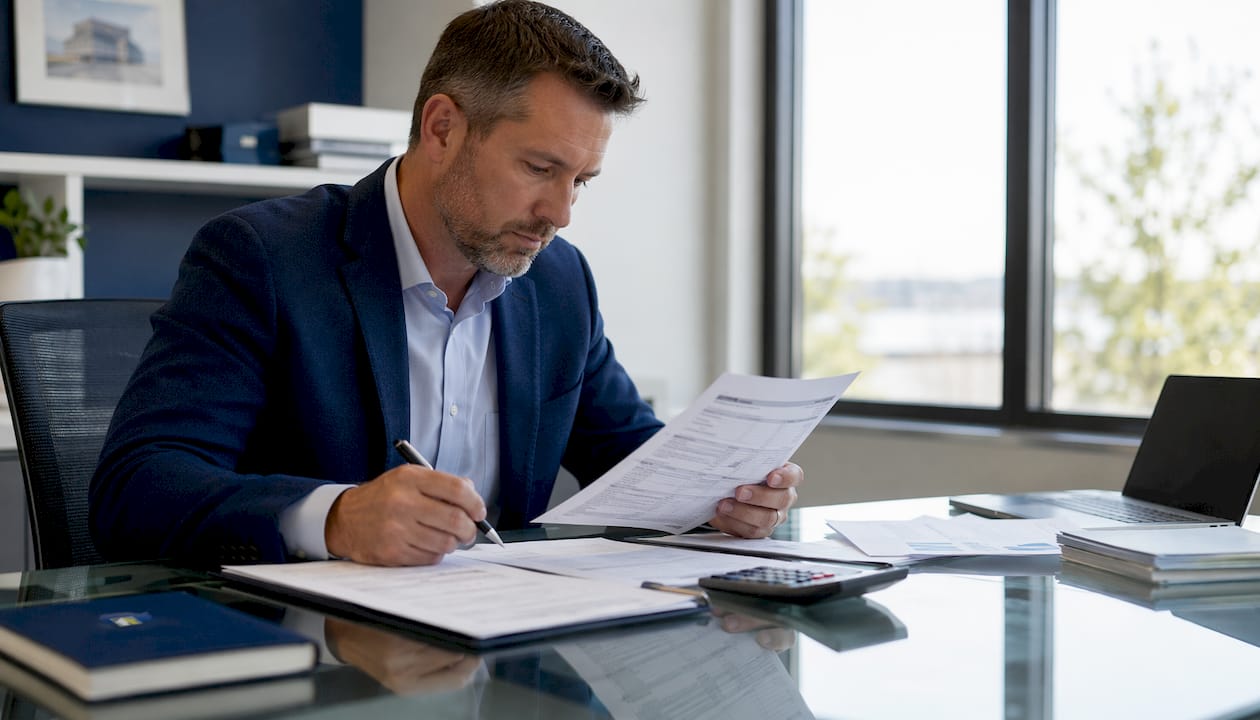 Underwriter examining tax documents closely