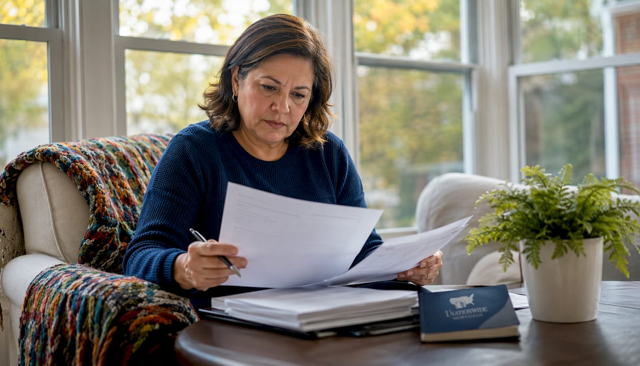 Woman reading reverse mortgage documents in living room