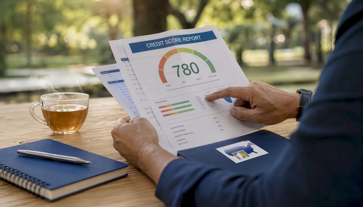Close-up of hands reviewing credit score and financial papers