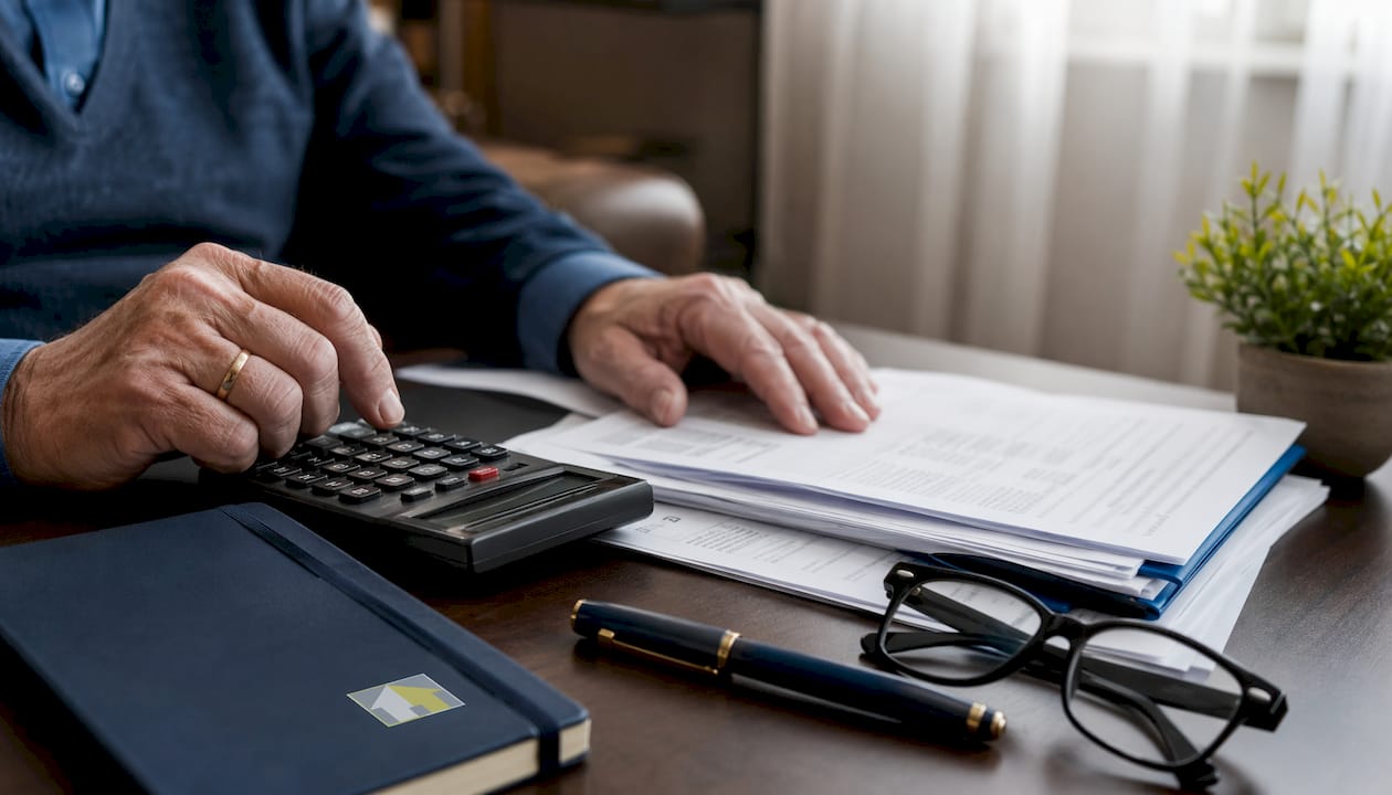 Senior hands using calculator with tax documents