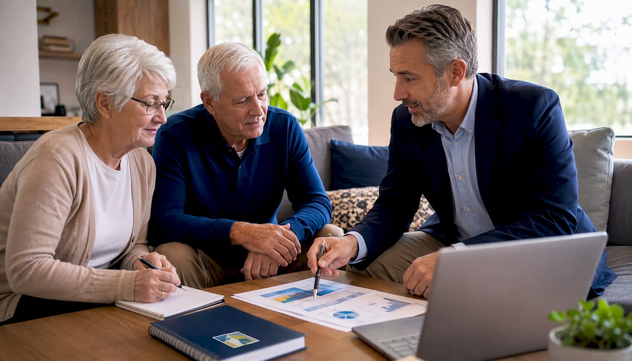 Financial advisor explaining reverse mortgage to seniors