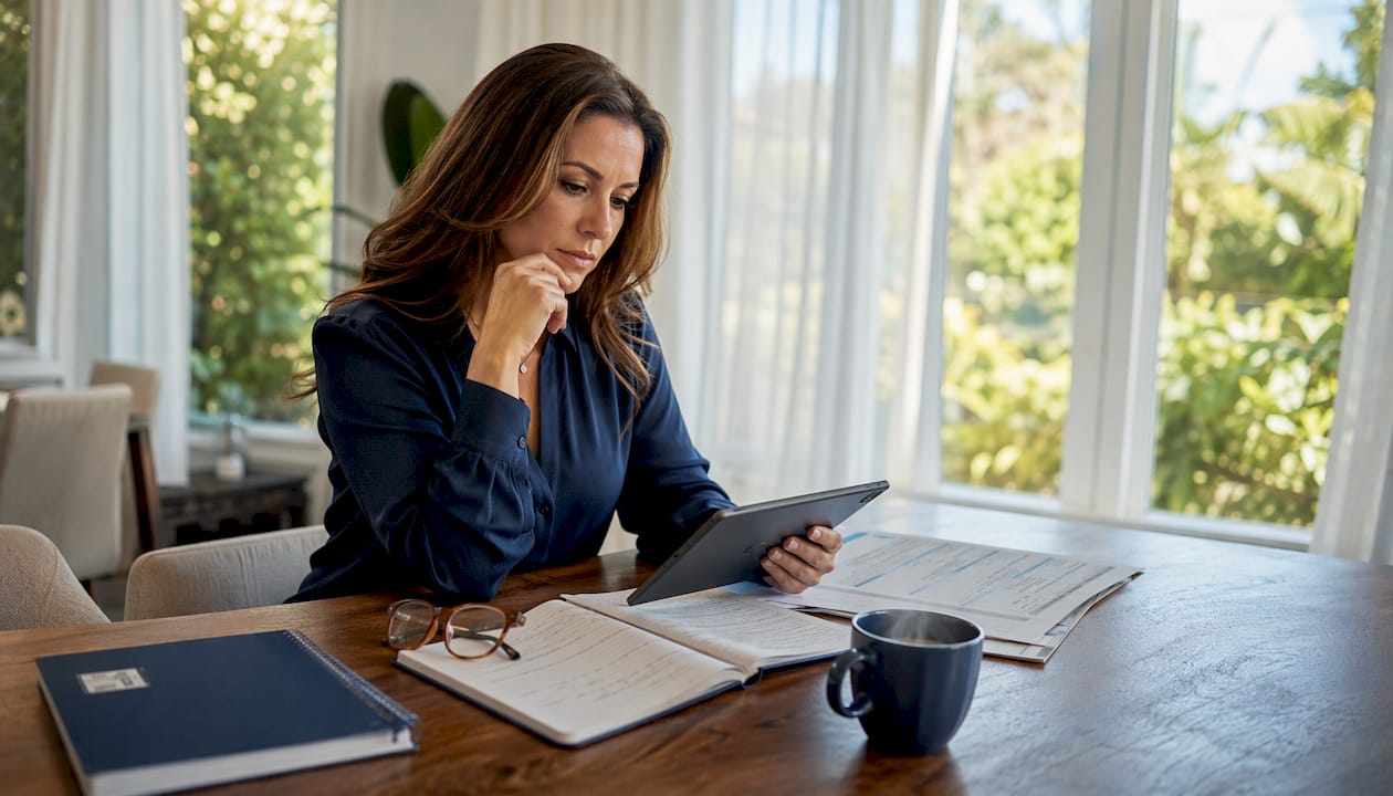 Hands reviewing DSCR loan worksheet on tablet