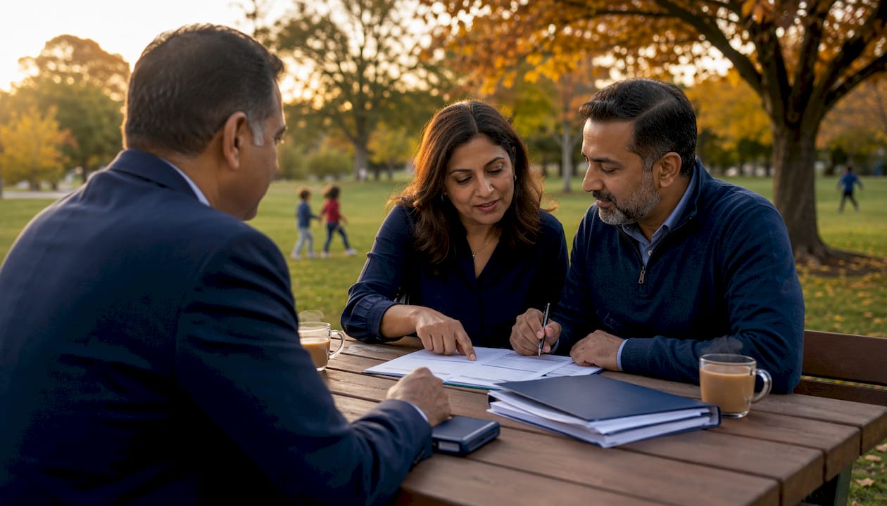 Couple discussing mortgage steps with banker outdoors