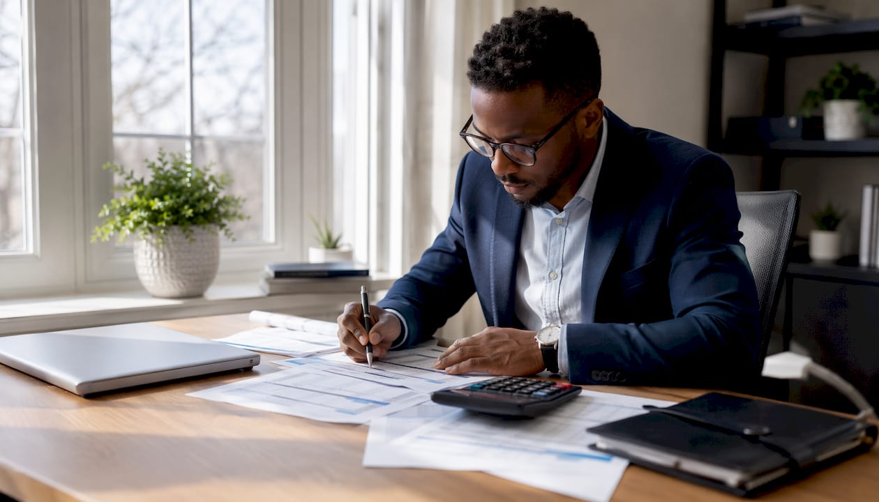 Underwriter checking tax documents at desk