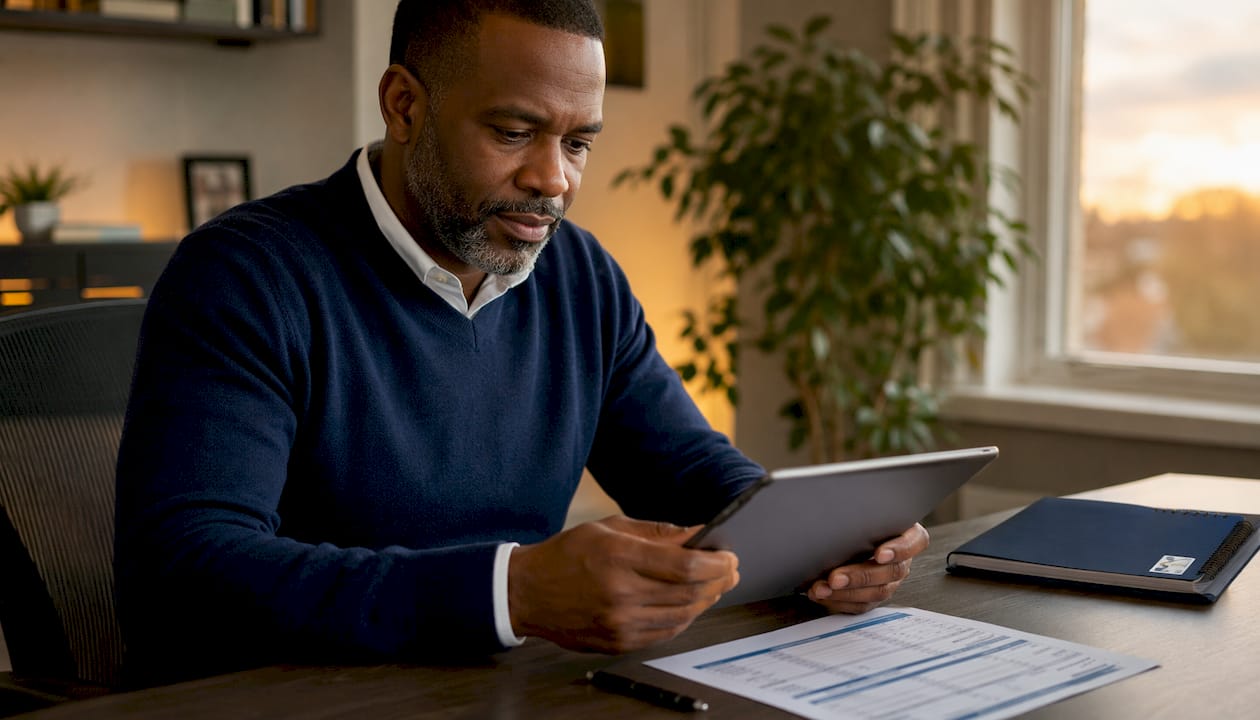 Man reviewing bank statements on tablet in café