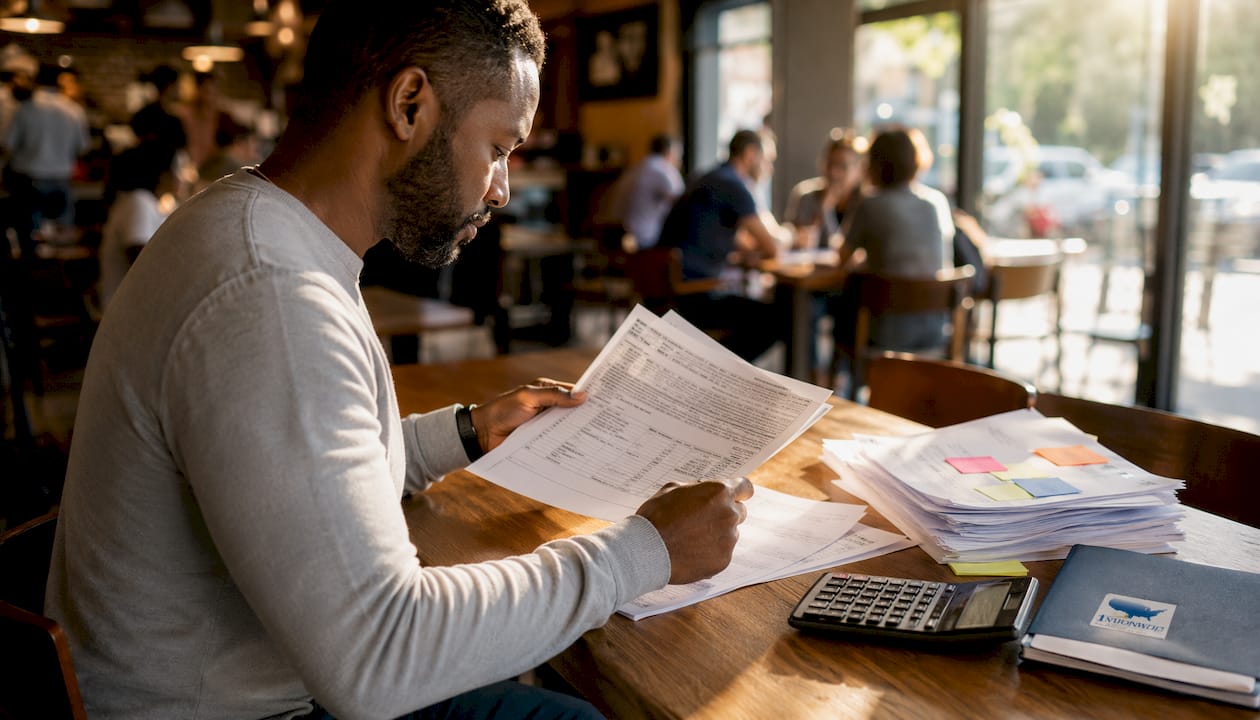 Hands holding business tax return forms