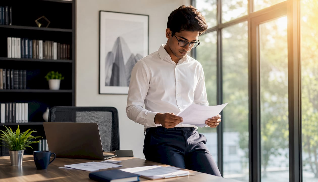 Real estate investor reviewing rental income documents