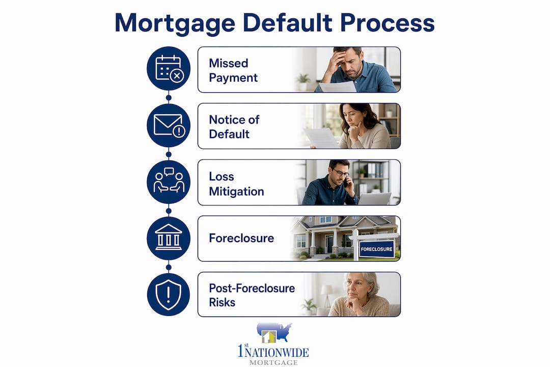 Infographic illustrating mortgage default progression stages