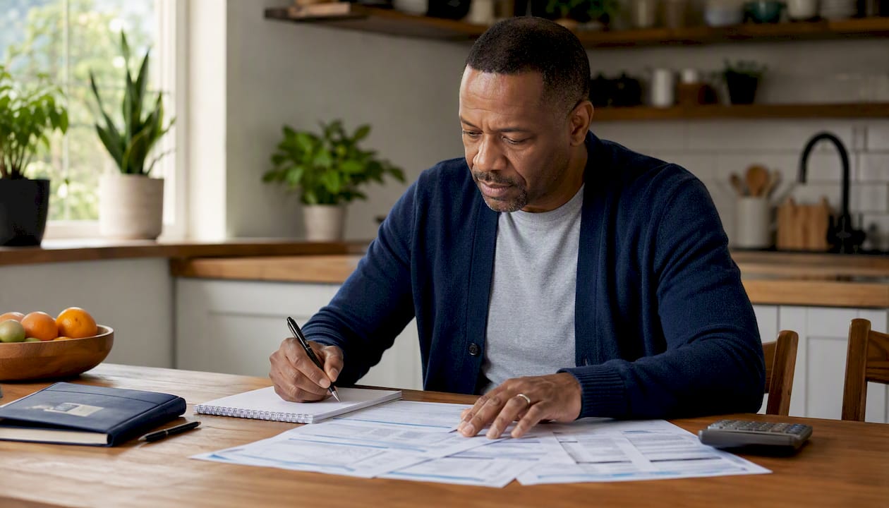 Hands reviewing bank statements at home office desk
