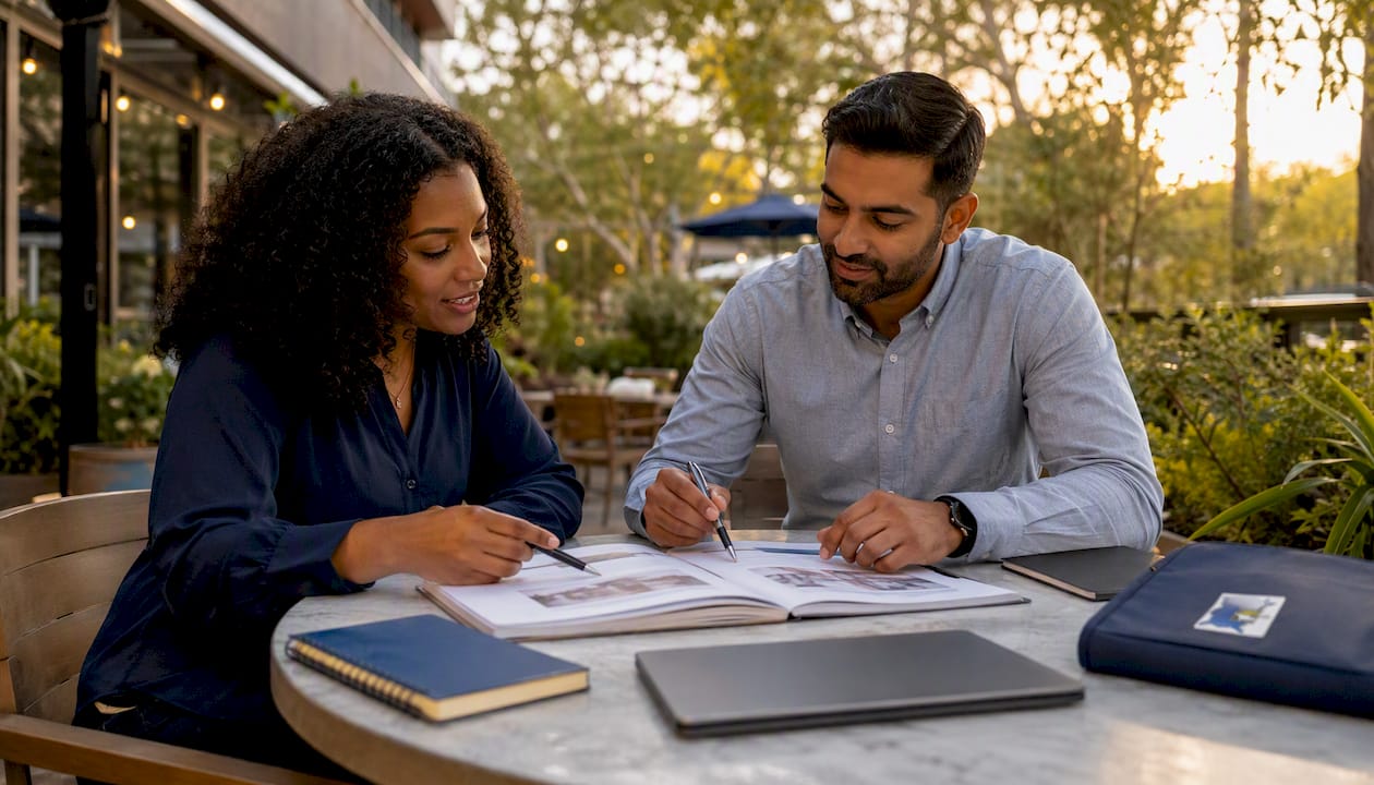 Two investors discussing property portfolio strategy