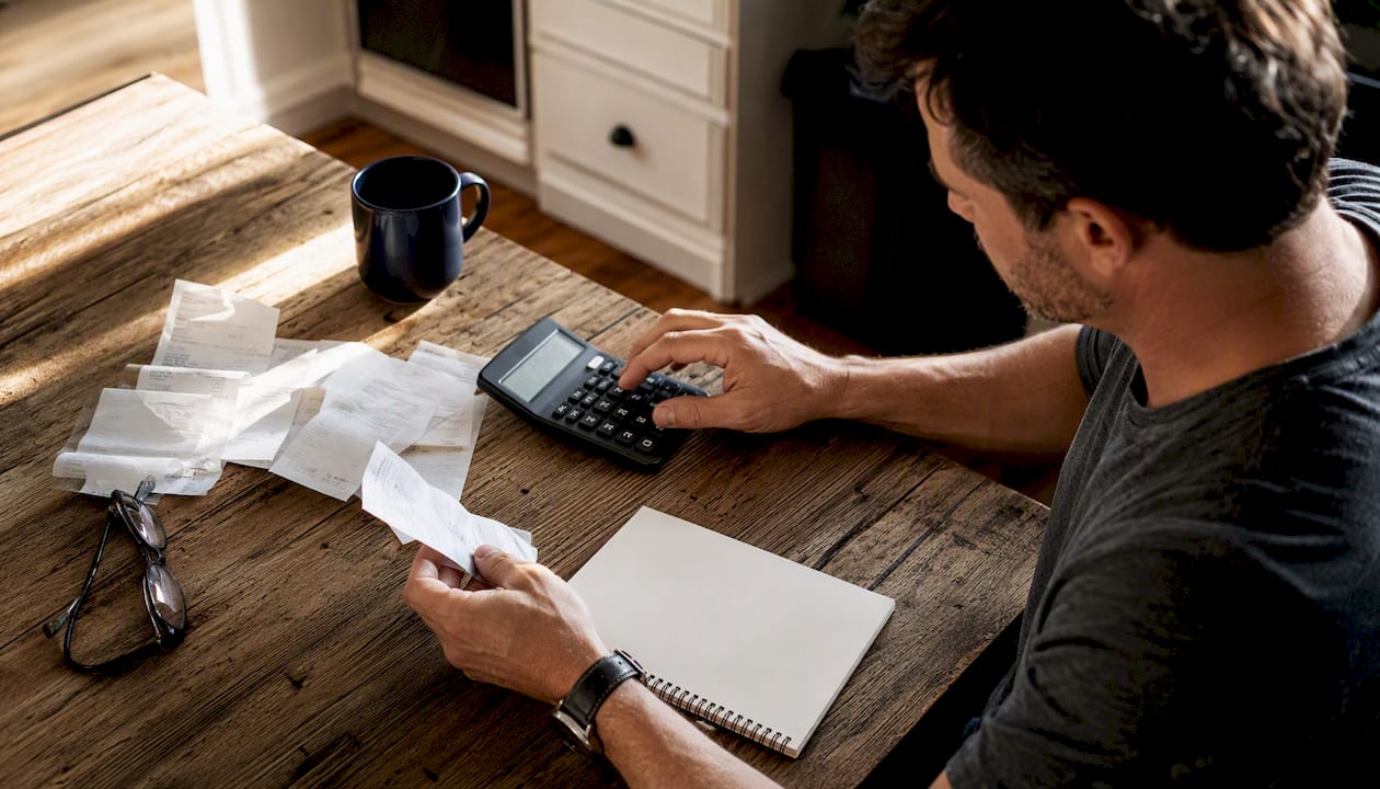 Hands calculating business expenses at home