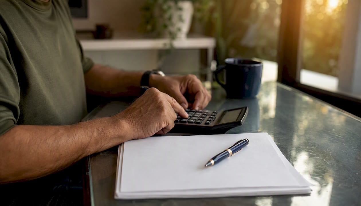 Veteran’s hands calculating on calculator with documents