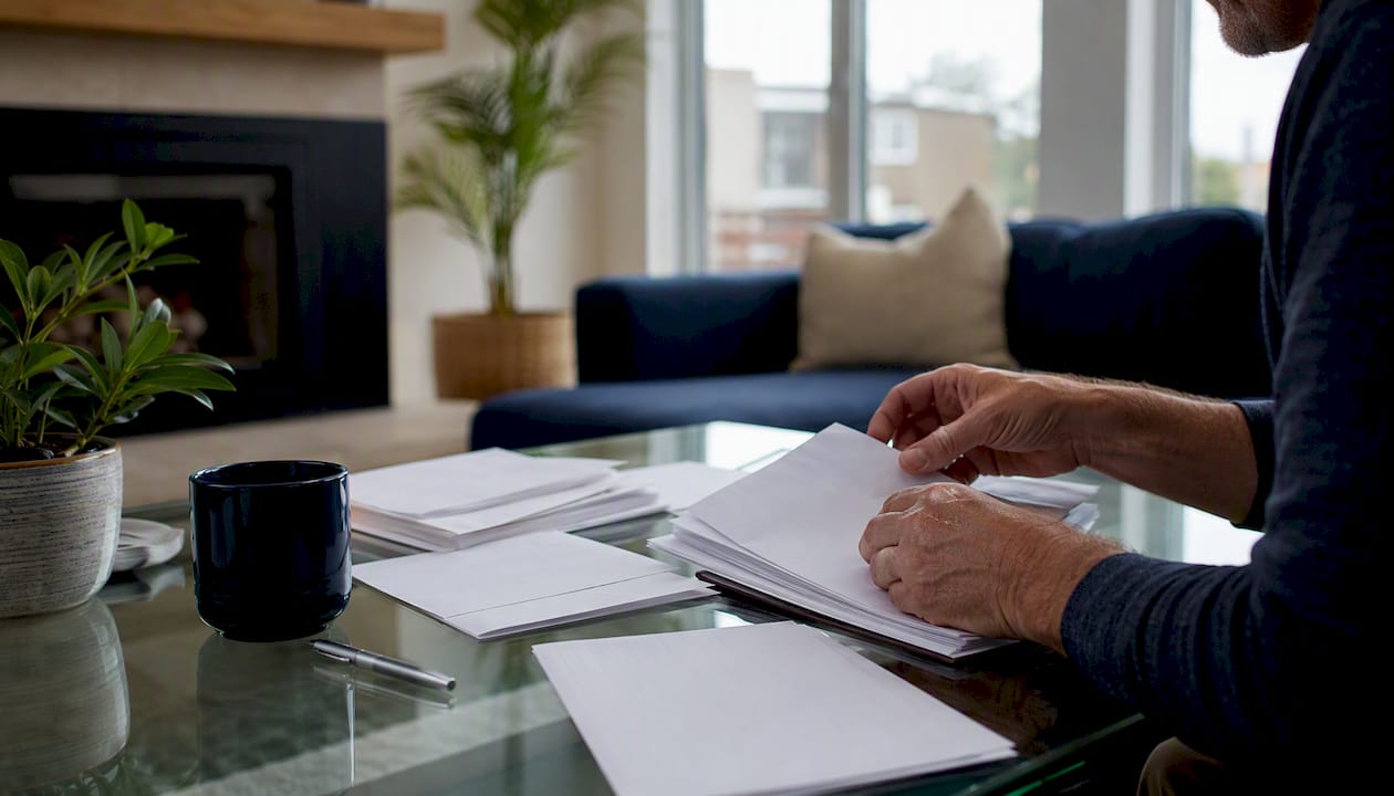 Hands sorting bank statements on desk