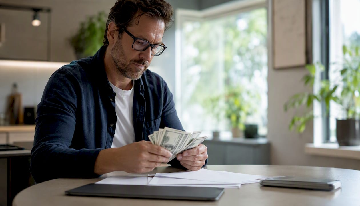 Self-employed person calculating finances manually