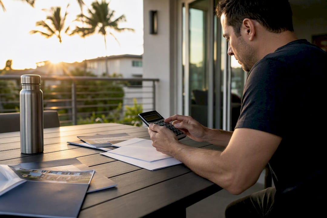 Hands using calculator with credit score papers