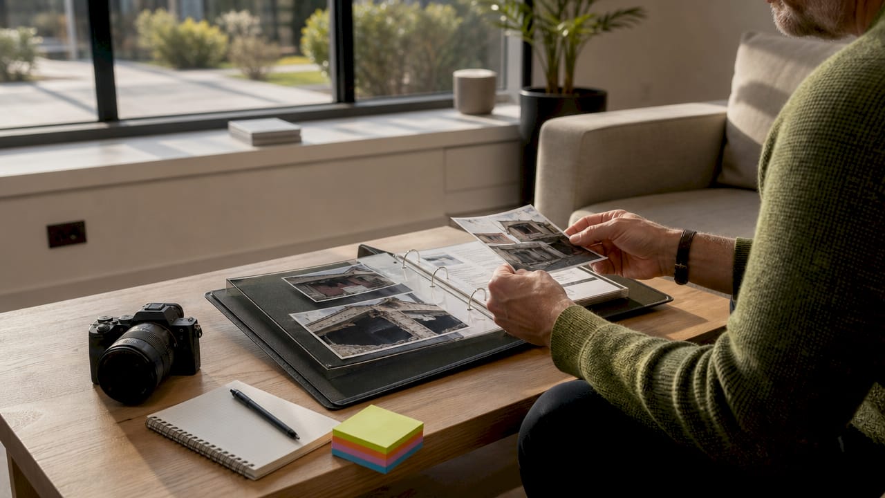 Close-up hands organizing insurance evidence