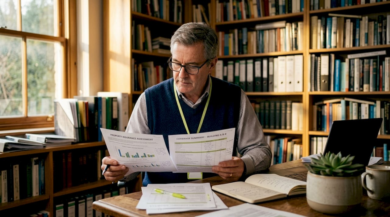 Property manager examining insurance coverage papers