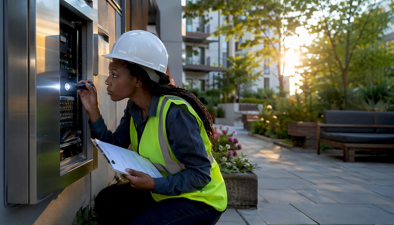 Engineering surveyor inspecting lift control panel