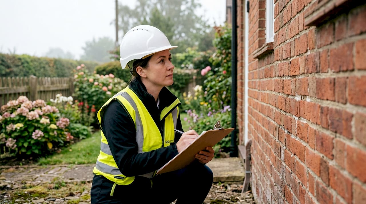 Property risk management explained for UK owners 1 Surveyor assessing UK property exterior risks