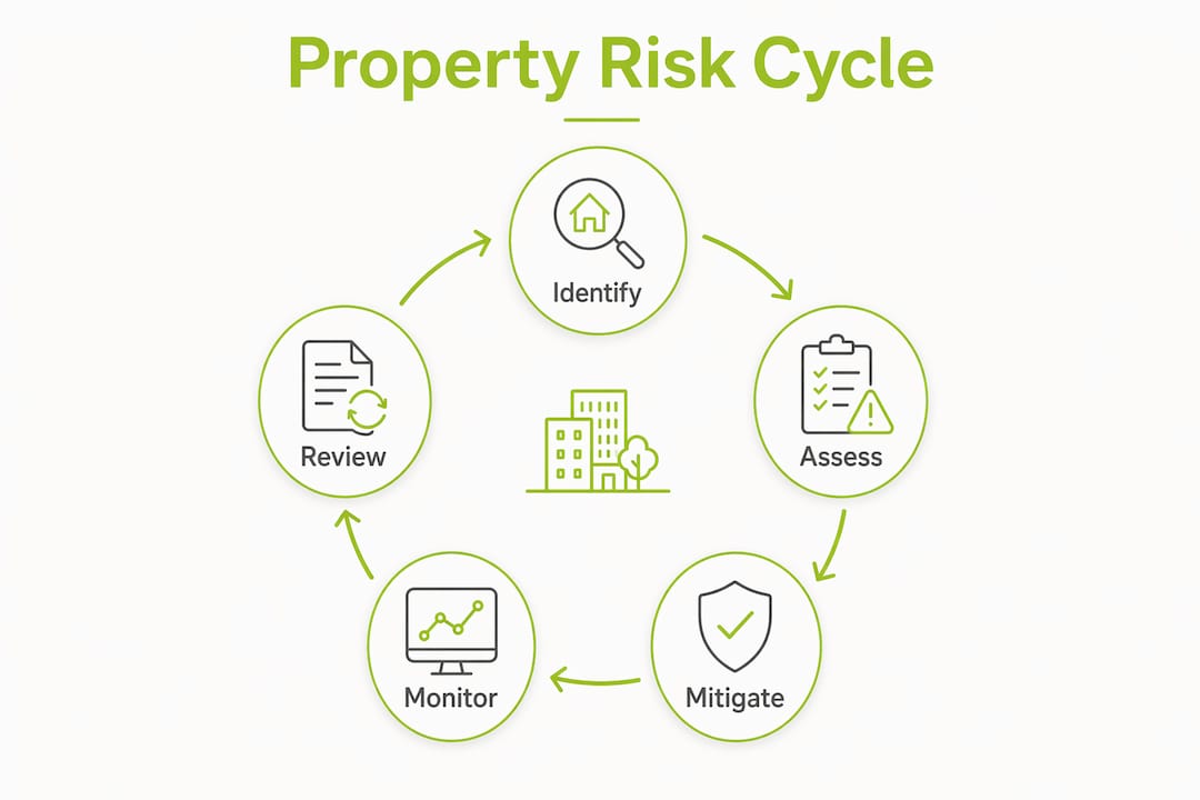 Property risk management explained for UK owners 2 Infographic showing property risk management stages