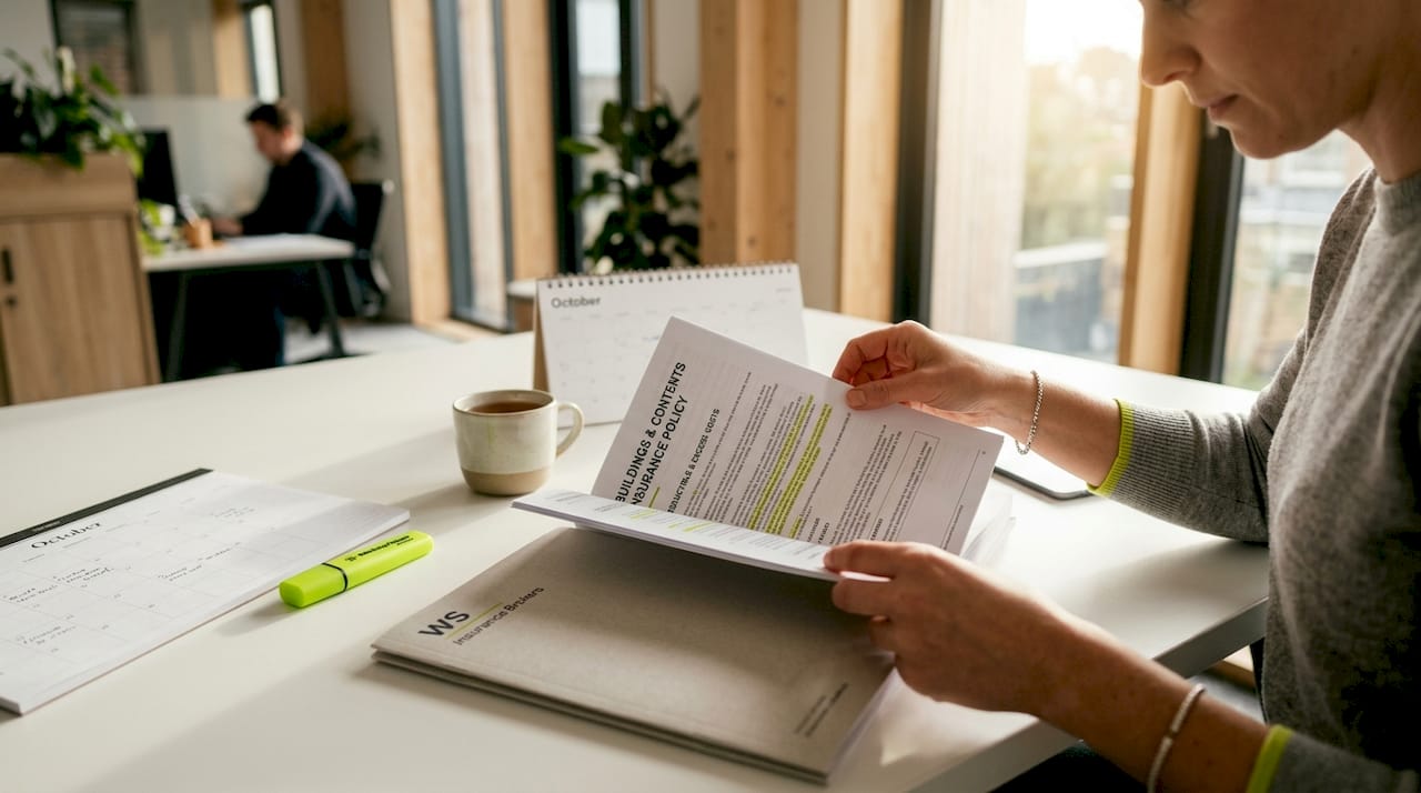 Hands examining property insurance policy documents