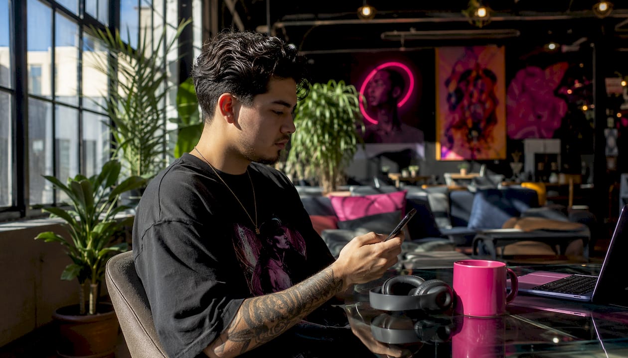 Customer making music purchase on smartphone