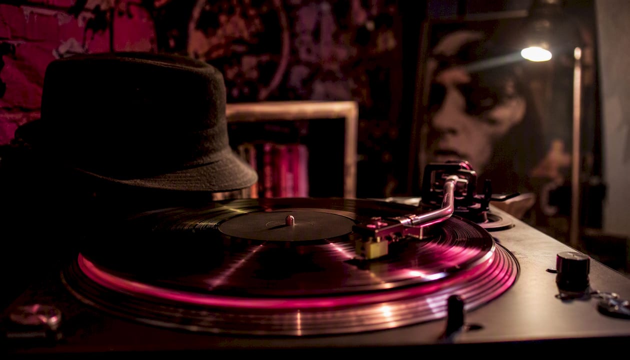 Vintage vinyl spinning on turntable
