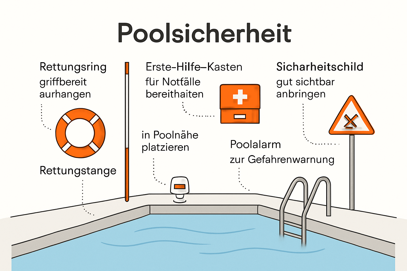 Infographic showing pool safety equipment locations and uses