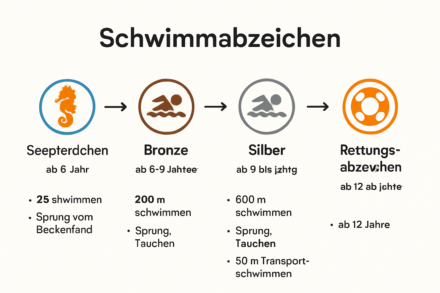 Infografik mit Übersicht deutscher Schwimmabzeichen