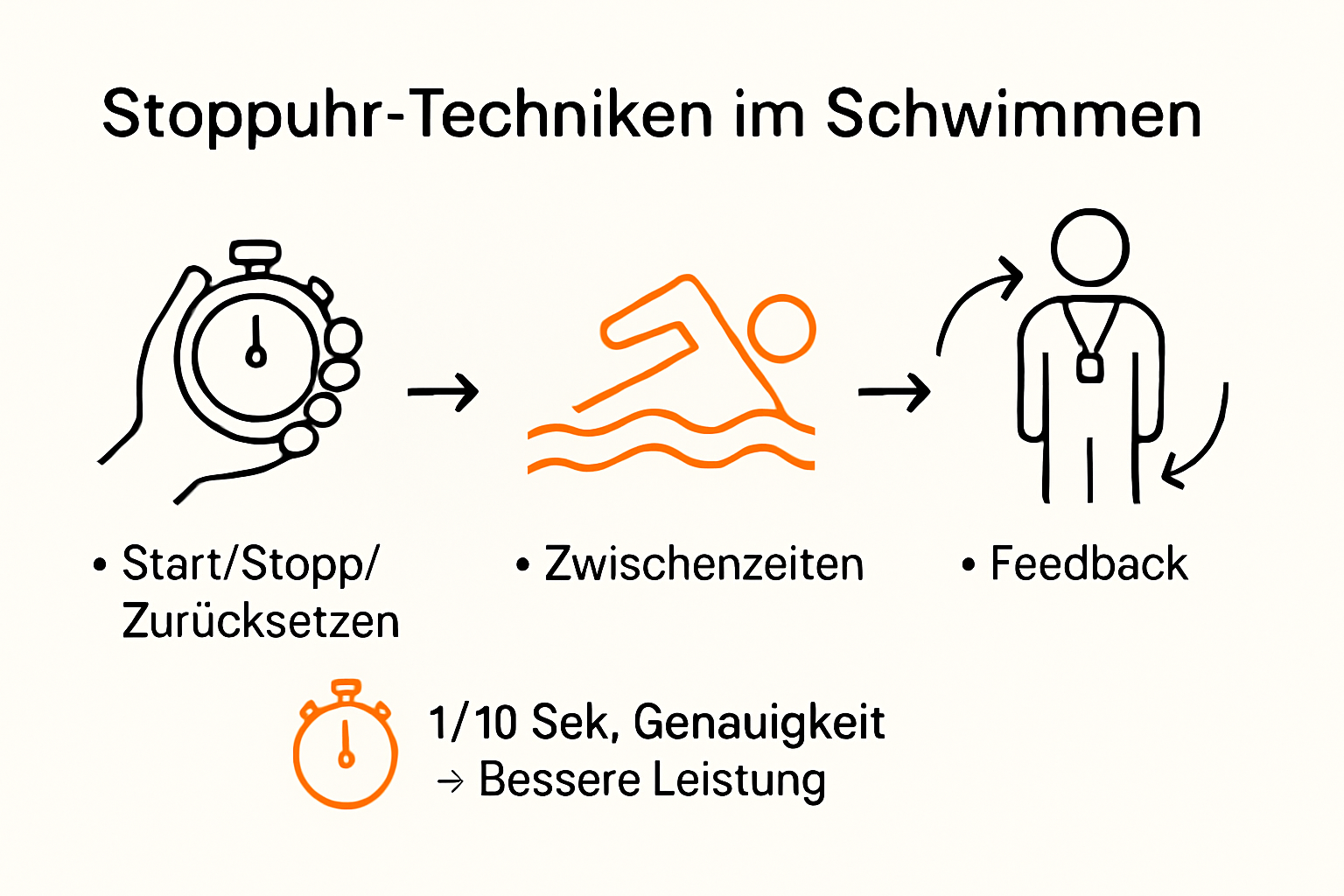Infographic of stopwatch functions and usage steps in swimming