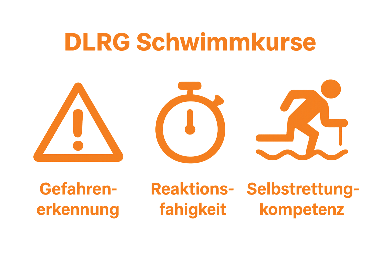 Infographic shows three icons for drowning risk reduction: warning sign for hazard recognition, stopwatch for quick response, swimmer for self-rescue.