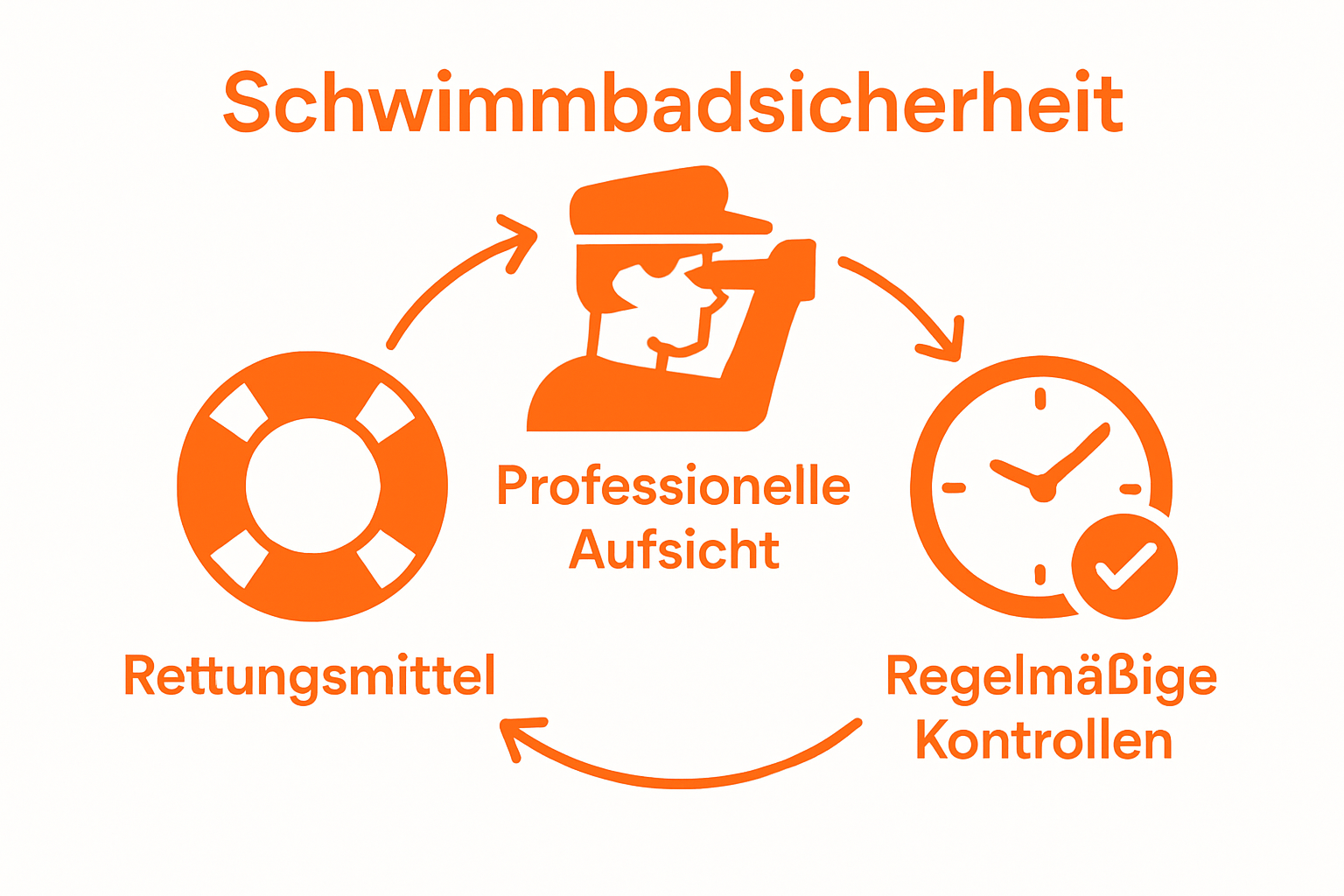 Drei Icons verdeutlichen Schwimmbadsicherheit: Rettungsring, Rettungsschwimmer, Kontrolluhr.