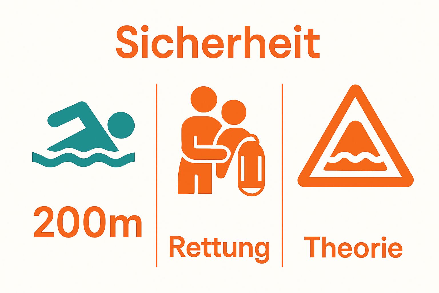 Infographic of bronze swimming badge exam: 200m swim, rescue technique, safety knowledge