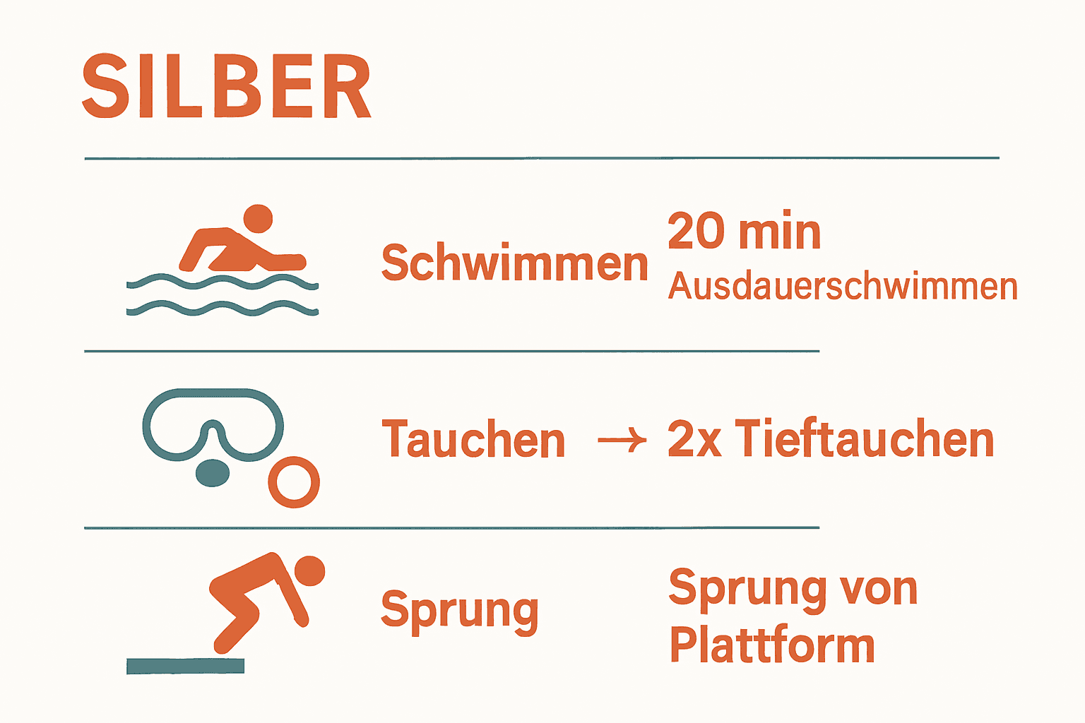 Infografik zu Disziplinen und Anforderungen Silber-Schwimmabzeichen