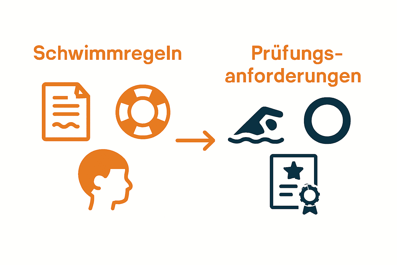 Infografik mit Schwimmregeln und Prüfungsanforderungen für Seepferdchen