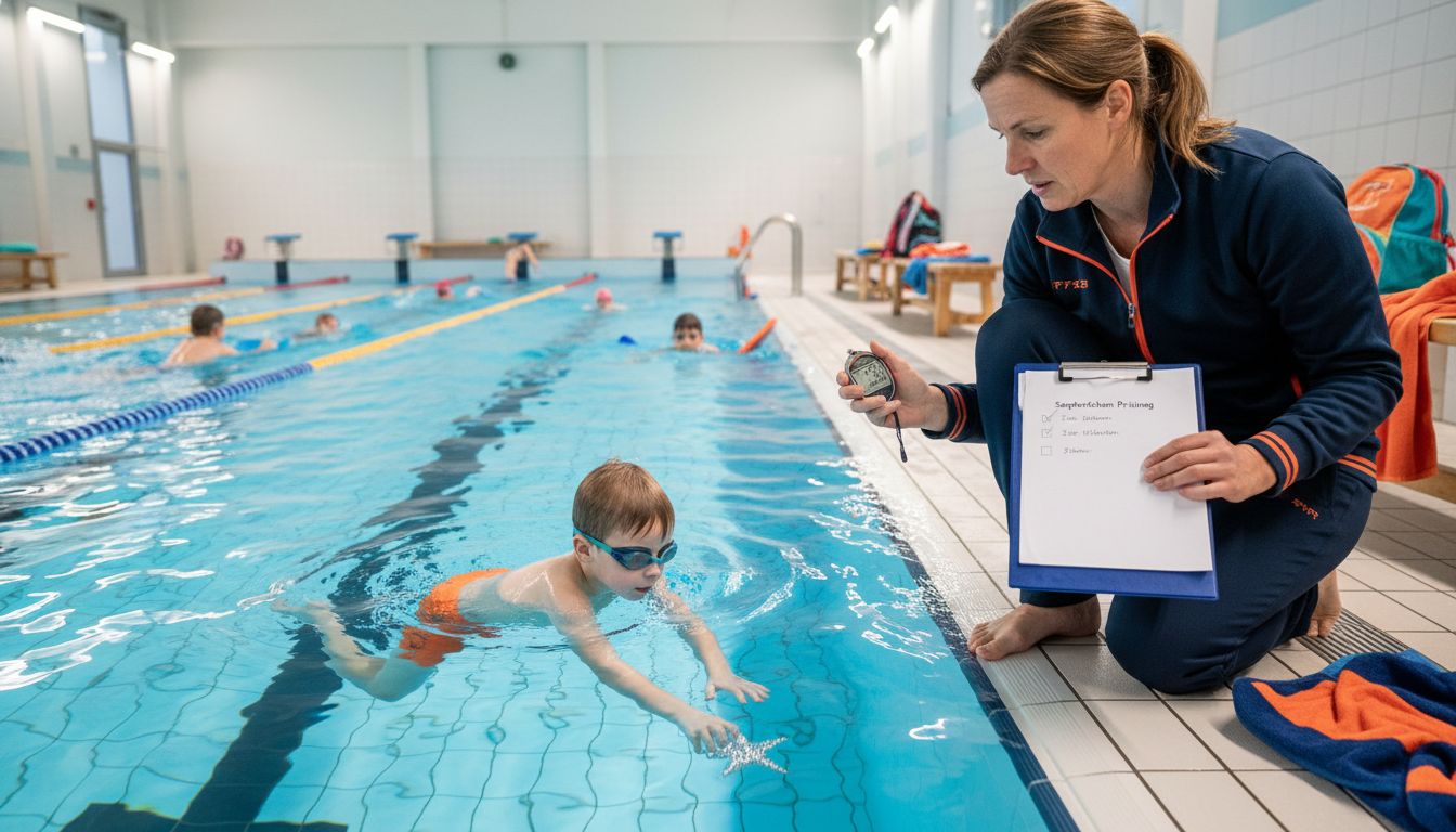 Schwimmlehrerin prüft Seepferdchen Anforderungen