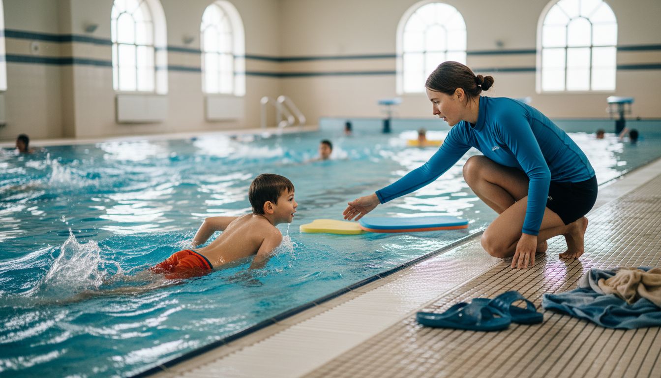 Boy practicing swimming in indoor pool