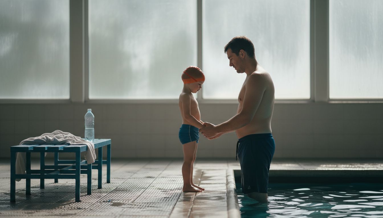 Vater unterstützt kleinen Jungen im Schwimmbad