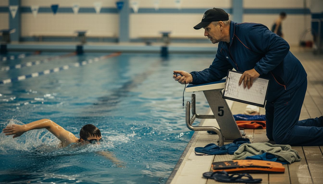 Coach timing swim training for exam