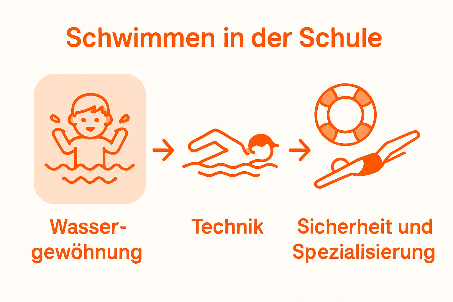 Die Infografik veranschaulicht die verschiedenen Etappen des Schulschwimmens.