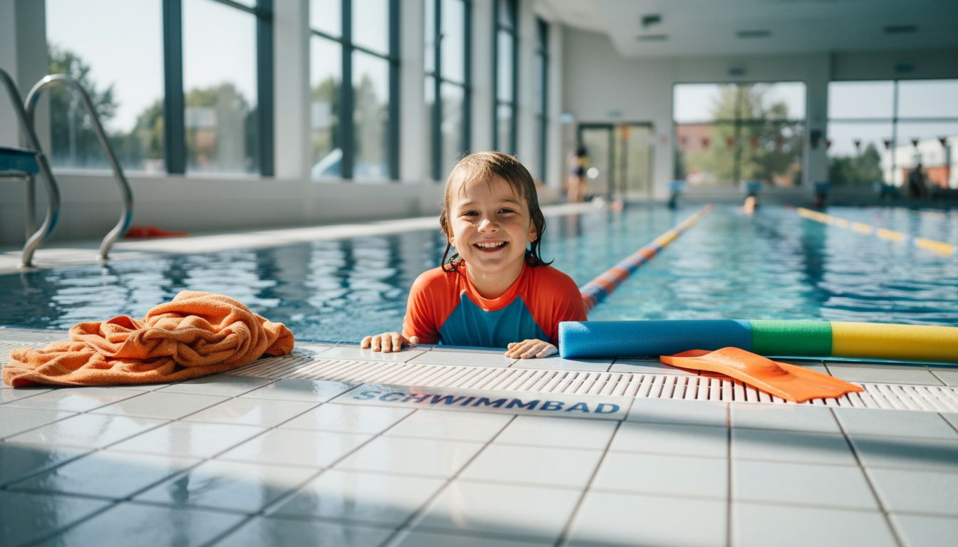 Mit einem breiten Lächeln steigt das Kind aus dem Schwimmbecken.