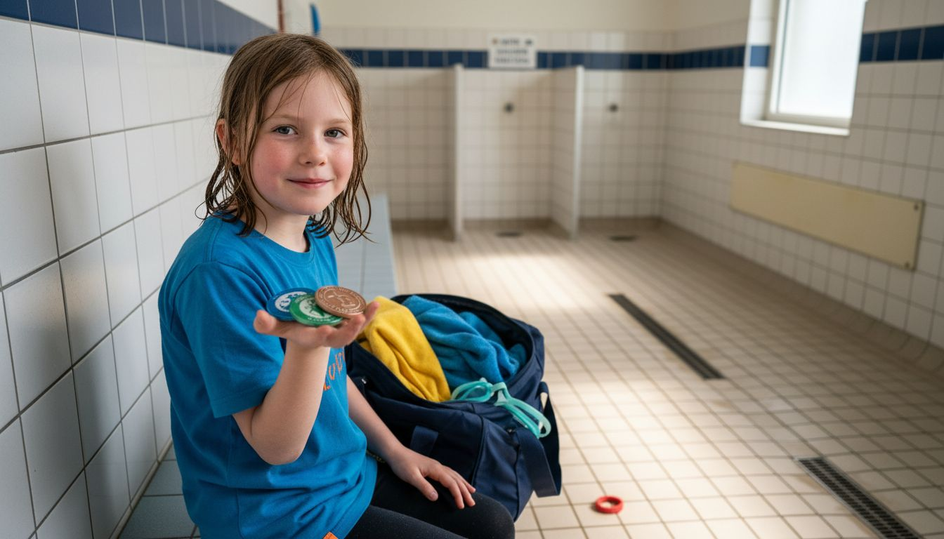 Ein Kind strahlt vor Stolz, nachdem es im Hallenbad sein Schwimmabzeichen erhalten hat.