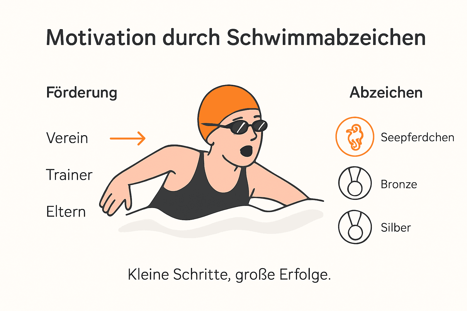Die Infografik veranschaulicht die verschiedenen Schwimmabzeichen sowie die dahinterstehenden Fördermöglichkeiten.