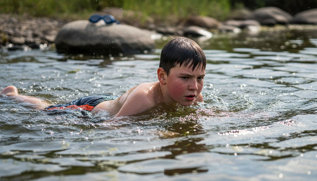 Ein Junge übt im See seine Koordination.