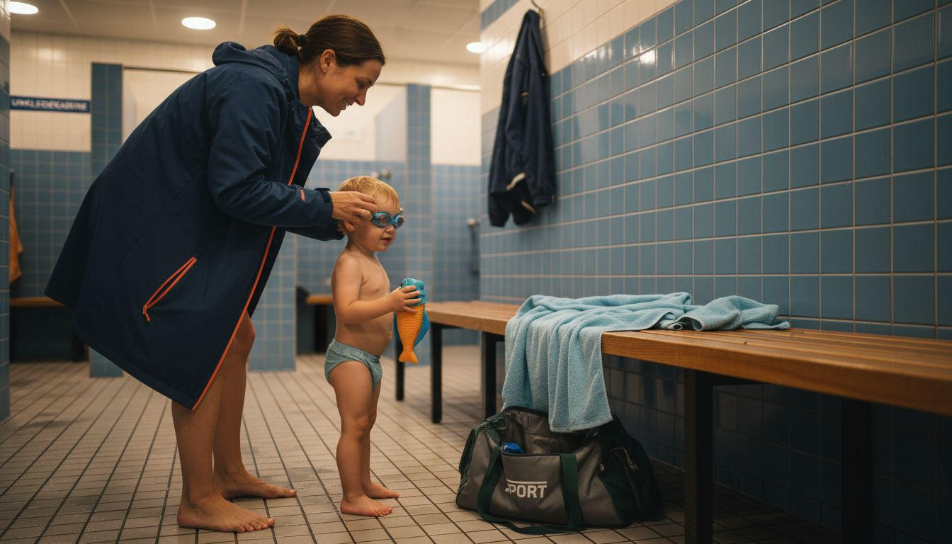 Eine Mutter hilft ihrem Kind dabei, sich auf den ersten Schwimmkurs vorzubereiten.